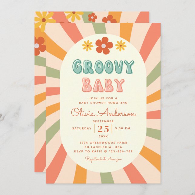 Invitación Baby Shower Retro Groovy Wavy Sunshine Flower (Anverso / Reverso)