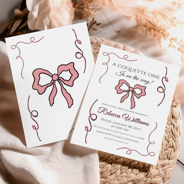 Invitación Baby Shower Retro Mano Dibujada Coquette Pink Bow (Subido por el creador)