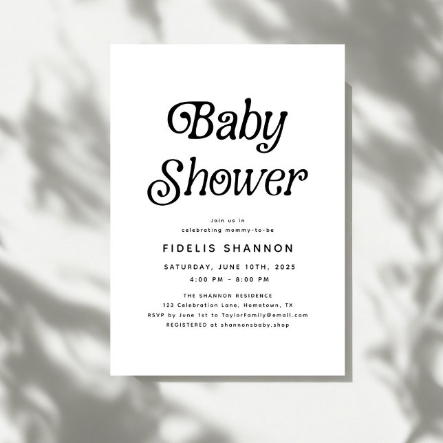 Invitación Baby Shower retro mínimo en blanco y negro (Subido por el creador)