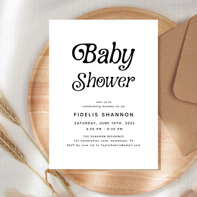 Invitación Baby Shower retro mínimo en blanco y negro (Subido por el creador)