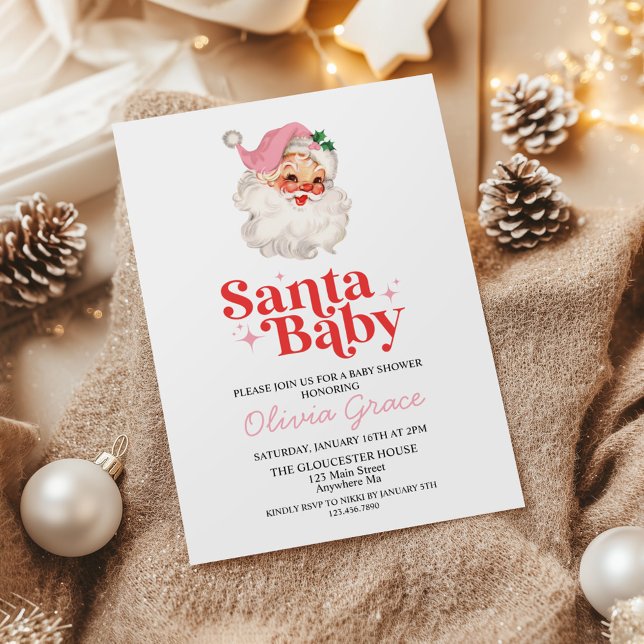 Invitación Baby Shower Retro Pink Santa Baby (Subido por el creador)