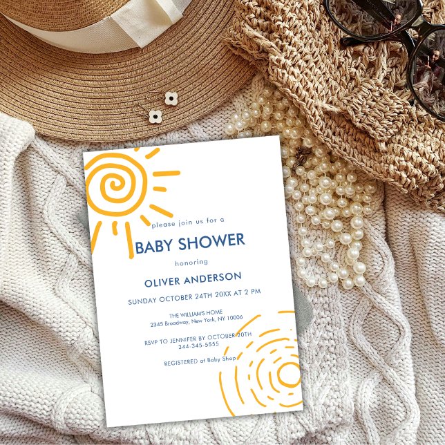Invitación Baby Shower Retro Retro Mínimo Moderno (Modern Minimal Retro Sun Baby Shower Invitation)