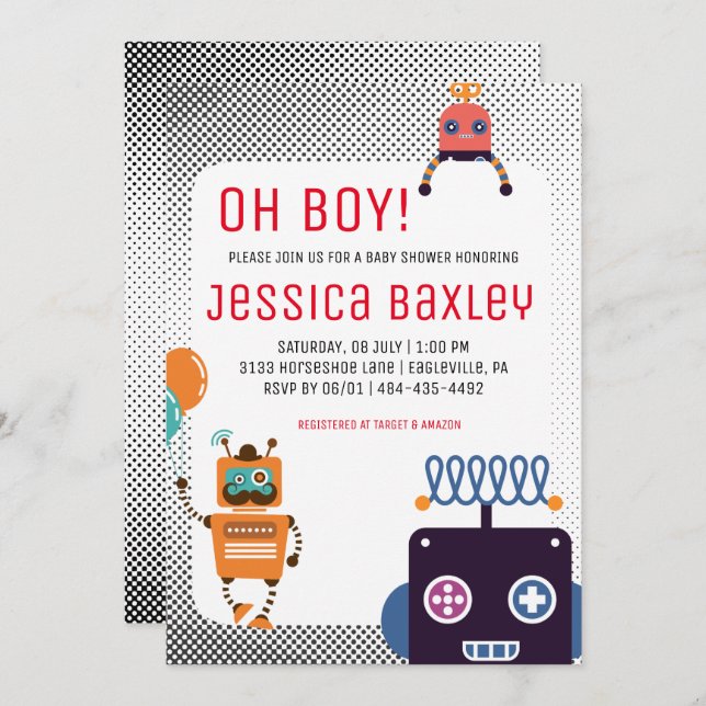 Invitación Baby Shower Retro Robot (Anverso / Reverso)