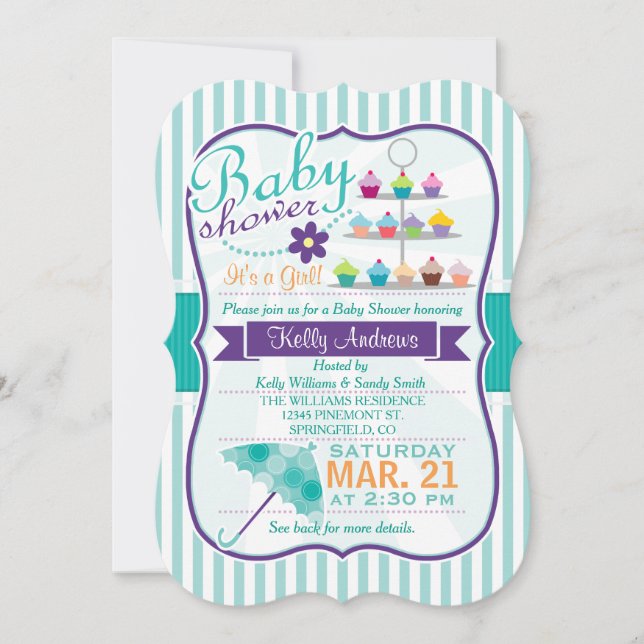 Invitación Baby Shower retro turquesa y morado (Anverso)