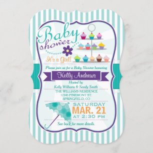 Invitación Baby Shower retro turquesa y morado