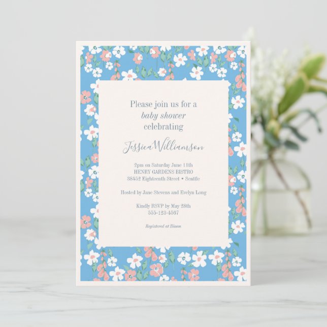 Invitación Baby Shower retro vintage Boho Blue Ditsy (Anverso de pie)
