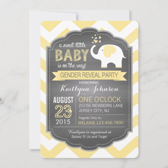 Invitación Baby Shower revela el género del elefante blanco C (Anverso)