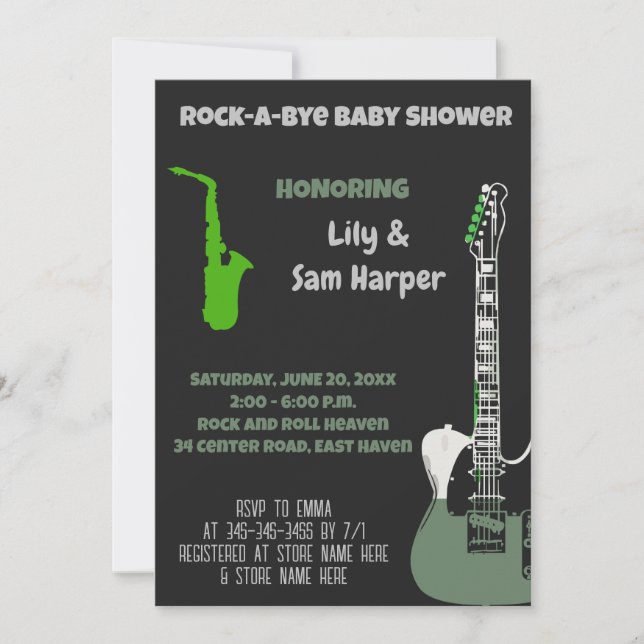 Invitación Baby Shower Rock a Bye Guitar Rock Star (Anverso)