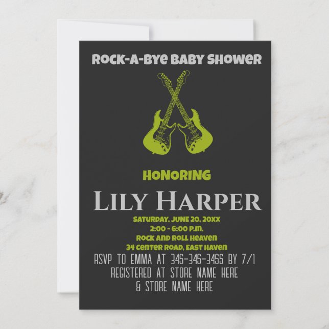 Invitación Baby Shower Rock a Bye Guitar Rock Star (Anverso)