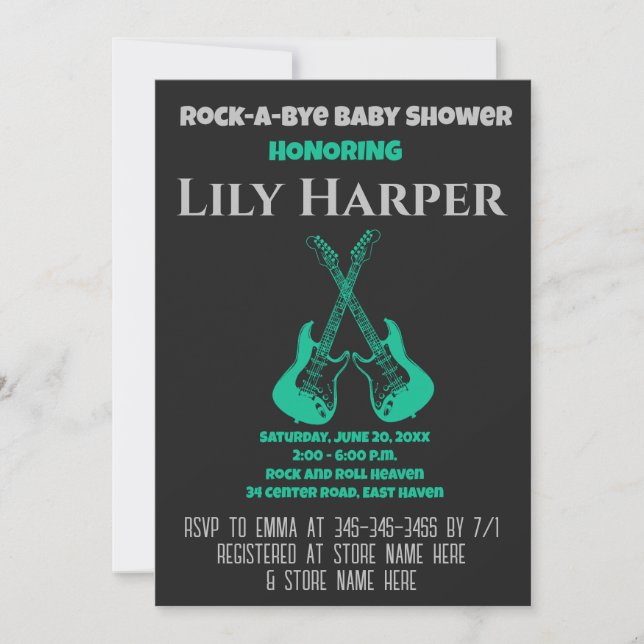 Invitación Baby Shower Rock a Bye Guitar Rock Star (Anverso)