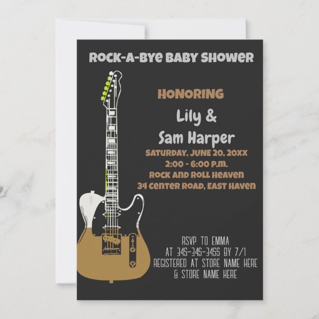 Invitación Baby Shower Rock a Bye Guitar Rock Star (Anverso)