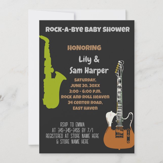 Invitación Baby Shower Rock a Bye Guitar Rock Star (Anverso)