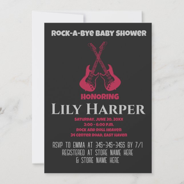 Invitación Baby Shower Rock a Bye Guitar Rock Star (Anverso)