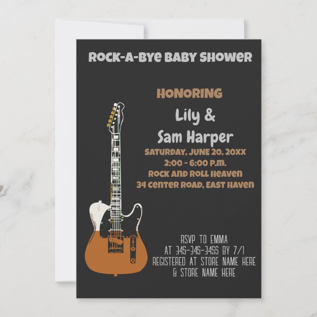 Invitación Baby Shower Rock a Bye Guitar Rock Star (Anverso)