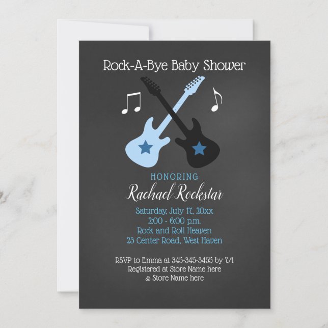 Invitación Baby Shower Rock a Bye Guitar Rock Star (Anverso)