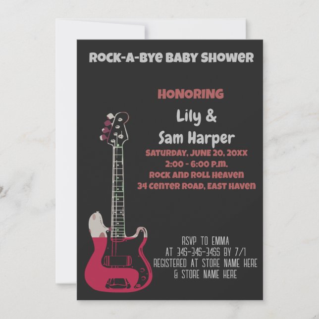 Invitación Baby Shower Rock a Bye Guitar Rock Star (Anverso)