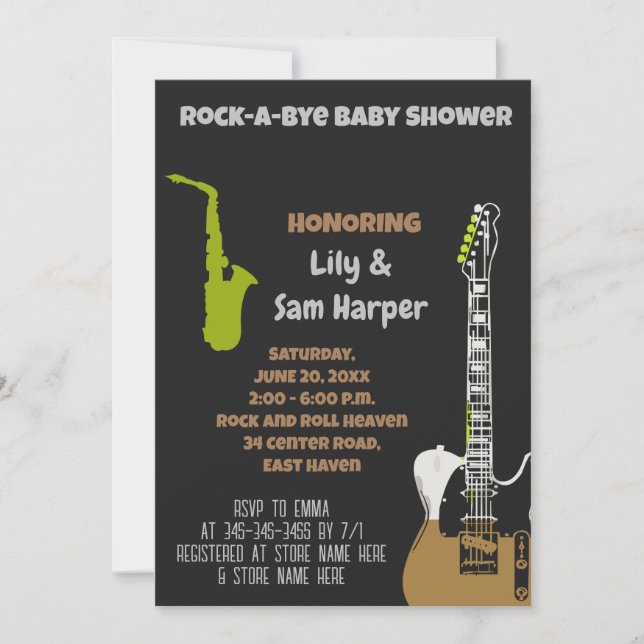 Invitación Baby Shower Rock a Bye Guitar Rock Star (Anverso)