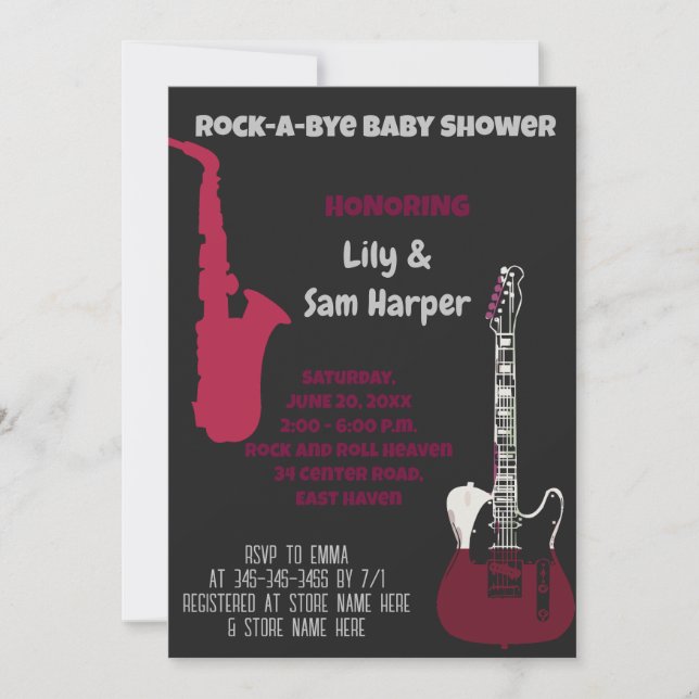 Invitación Baby Shower Rock a Bye Guitar Rock Star (Anverso)