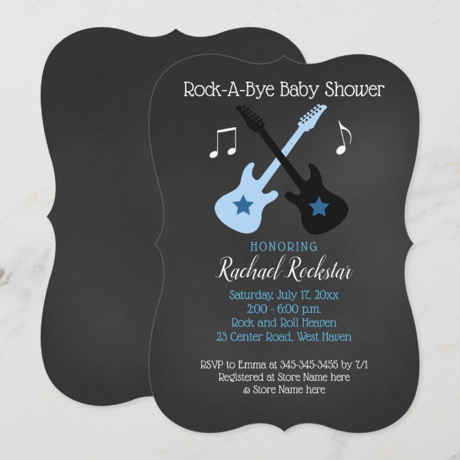 Invitación Baby Shower Rock a Bye Guitar Rock Star (Anverso / Reverso)