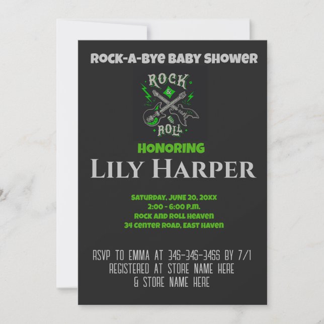 Invitación Baby Shower Rock a Bye Guitar Rock Star (Anverso)