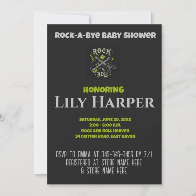 Invitación Baby Shower Rock a Bye Guitar Rock Star (Anverso)