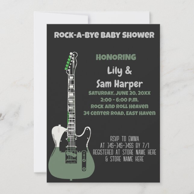Invitación Baby Shower Rock a Bye Guitar Rock Star (Anverso)