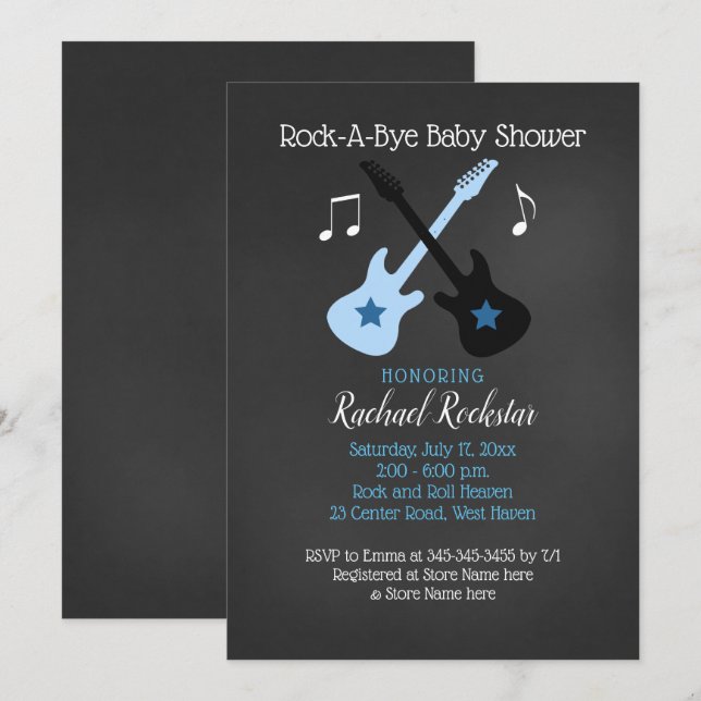 Invitación Baby Shower Rock a Bye Guitar Rock Star (Anverso / Reverso)