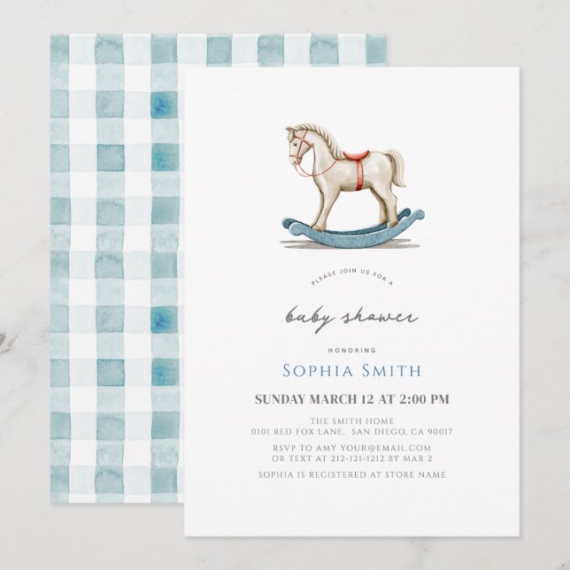 Invitación Baby Shower Rocke Horse Blue Boy (Anverso / Reverso)