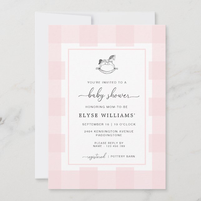 Invitación Baby Shower Rocking Horse Pink Gingham (Anverso)