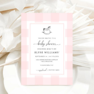 Invitación Baby Shower Rocking Horse Pink Gingham