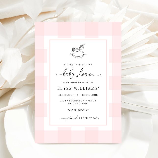 Invitación Baby Shower Rocking Horse Pink Gingham (Baby Shower Invitation Pink Gingham Rocking Horse )