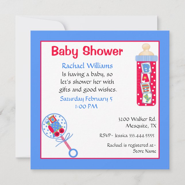 Invitación Baby Shower roja, blanca y azul (Anverso)