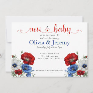 Invitación Baby Shower rojo blanco y azul floral