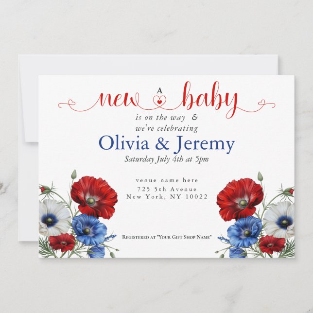 Invitación Baby Shower rojo blanco y azul floral (Anverso)