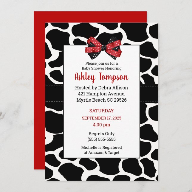 Invitación Baby Shower rojo negro para impresión en vaca (Anverso / Reverso)