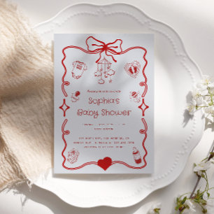 Invitación Baby Shower rojo y gris curado para Chicas o niños