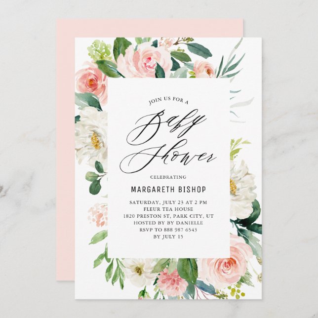 Invitación Baby Shower Romantic Watercolor Peach Florals (Anverso / Reverso)