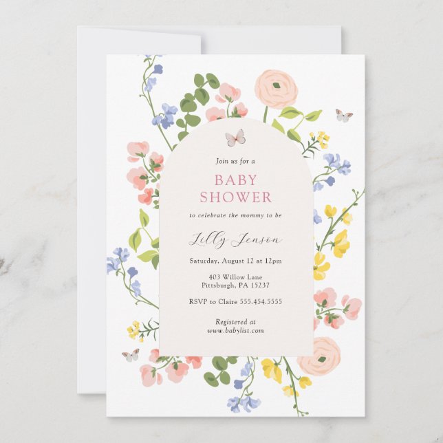 Invitación Baby Shower romántico acuarela floral (Anverso)