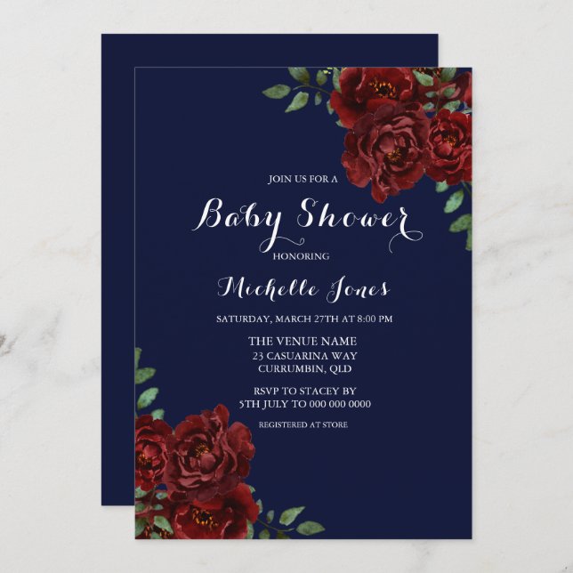 Invitación Baby Shower romántico con flores de rosa roja (Anverso / Reverso)