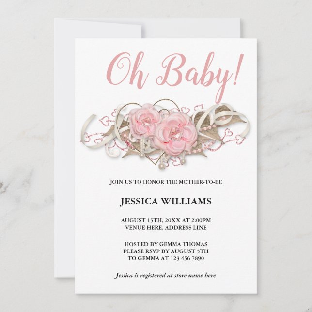 Invitación Baby Shower romántico de decoración de racimo rosa (Anverso)