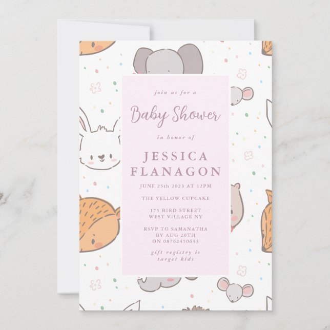Invitación Baby Shower rosa animal de la jungla de Safari edi (Anverso)