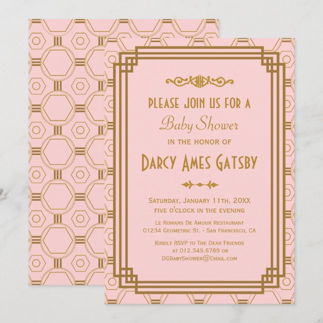 Invitación Baby Shower Rosa Art Déco invita (Anverso / Reverso)