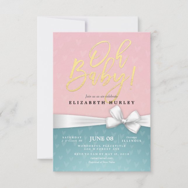 Invitación Baby Shower rosa azul de cinta blanca con guión do (Anverso)