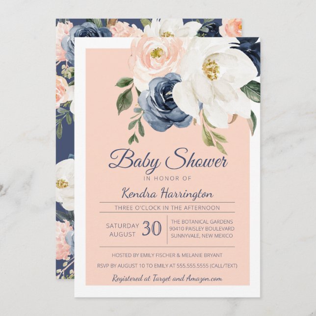 Invitación Baby Shower rosa azul de la marina Rosa de la Magn (Anverso / Reverso)