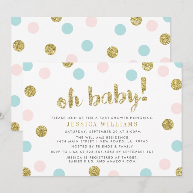 Invitación Baby Shower rosa, azul y dorado de Rubo (Anverso / Reverso)
