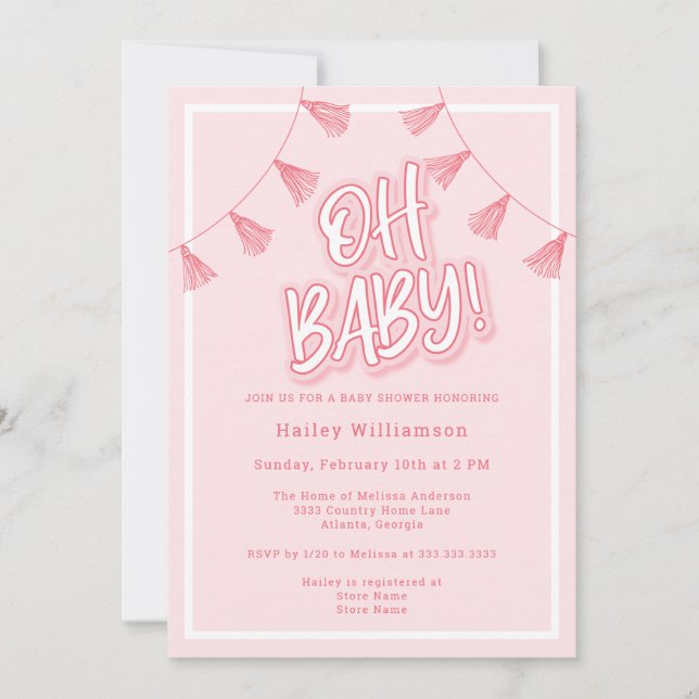 Invitación Baby Shower rosa bebé (Anverso)