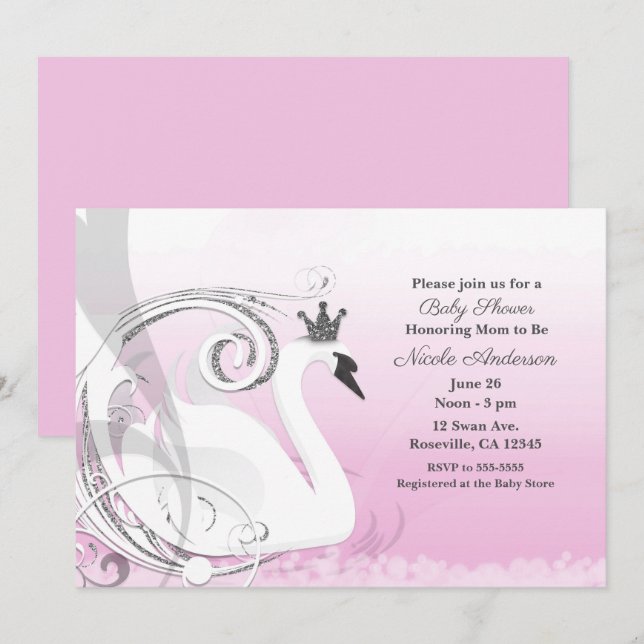 Invitación Baby Shower rosa blanco plateado Princesa de Swan (Anverso / Reverso)