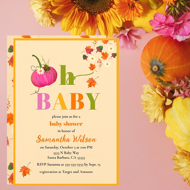 Invitación Baby Shower rosa Chica de las flores de calabaza d (Fall Pumpkin Pink Cute Oh Baby Cute Autumn Baby Shower Invitations.)