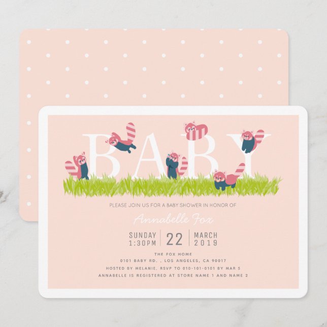 Invitación Baby Shower rosa claro de Panda rojo (Anverso / Reverso)