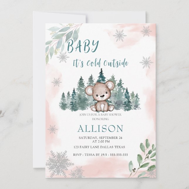 Invitación Baby Shower rosa con copos de nieve de oso de invi (Anverso)